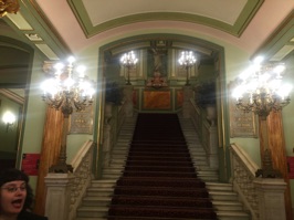 The Opera House in the Gran Teatre del Liceu dates from 1847. This is the main stairway. The building had a severe fire in 1861 but reopened the following year. It also was the scene of a bombing in 1893 in which twenty persons died.
