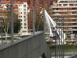 The White Bridge near the Guggenheim, a footbridge designed by famed Spanish architect, Santiago Calatrava.  Although praised for its aesthetics, it has been judged impractical because of its glass block floor that becomes very slippery when wet.