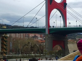 The La Salve Bridge outside the museum. The red arch was added later on the 10th anniversary of the museum. Built in the 1970s, the bridge links the heart of the city with the suburbs.