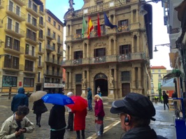 Another rainy day as we walked around town, here in front of the Pamplona City Hall.