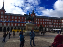 The tour started in the Plaza Mayor, a huge square surrounded by three story apartment buildings most with balconies. Dating from the 16th century, the Plaza has had many names over the years; its current name dates from the Spanish Civil War.