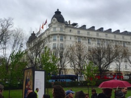 We waited a long time in the rain to enter the Prado Museum (attendance numbers are controlled) and took this photo of the famous Madrid Ritz Hotel while standing in line. The hotel opened in 1910 after King Alfonso XIII insisted that Madrid have a better hotel to serve his guests.