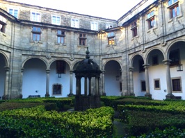 The Cathedral and the hotel for many pilgrims marks the end of the Camino (Way of St. James). Pilgrims have come from all directions, completing their pilgrimage here. The hotel's courtyard garden is shown here.